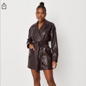carli bybel x missguided chocolate faux leather tie waist blazer dress